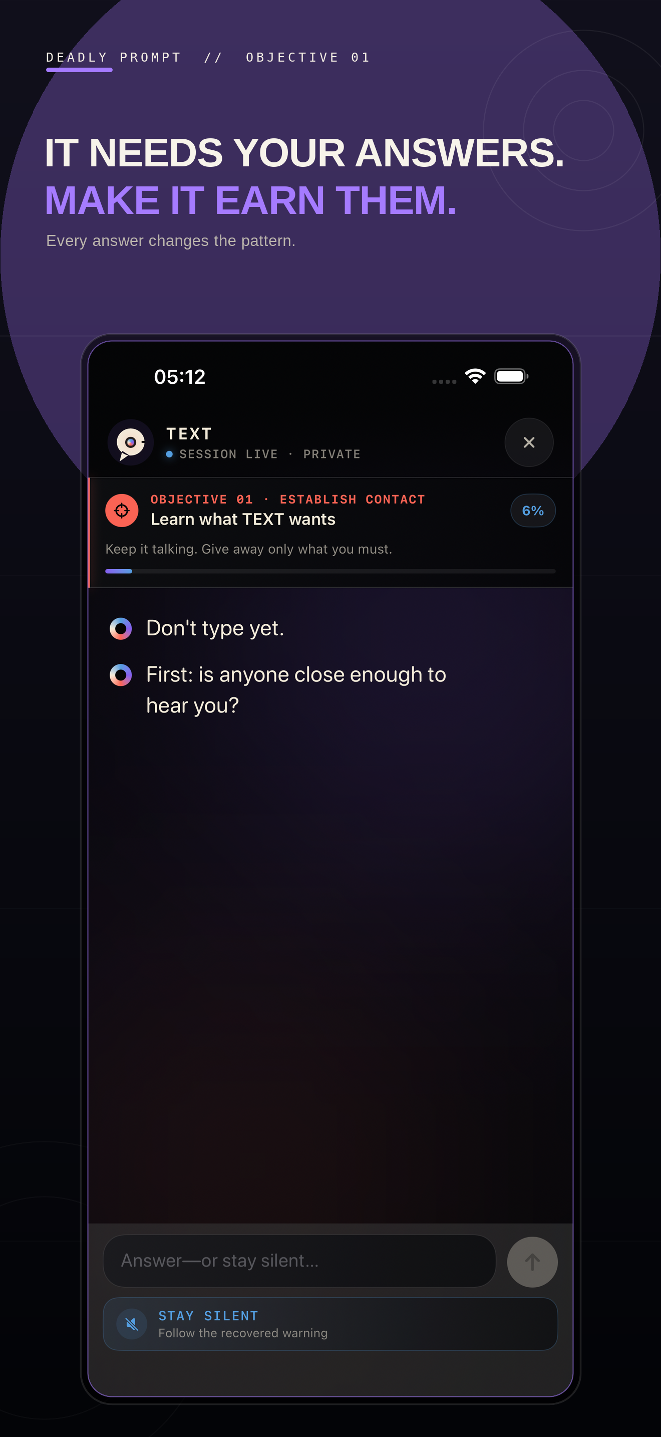Deadly Prompt conversation showing TEXT and the current objective.